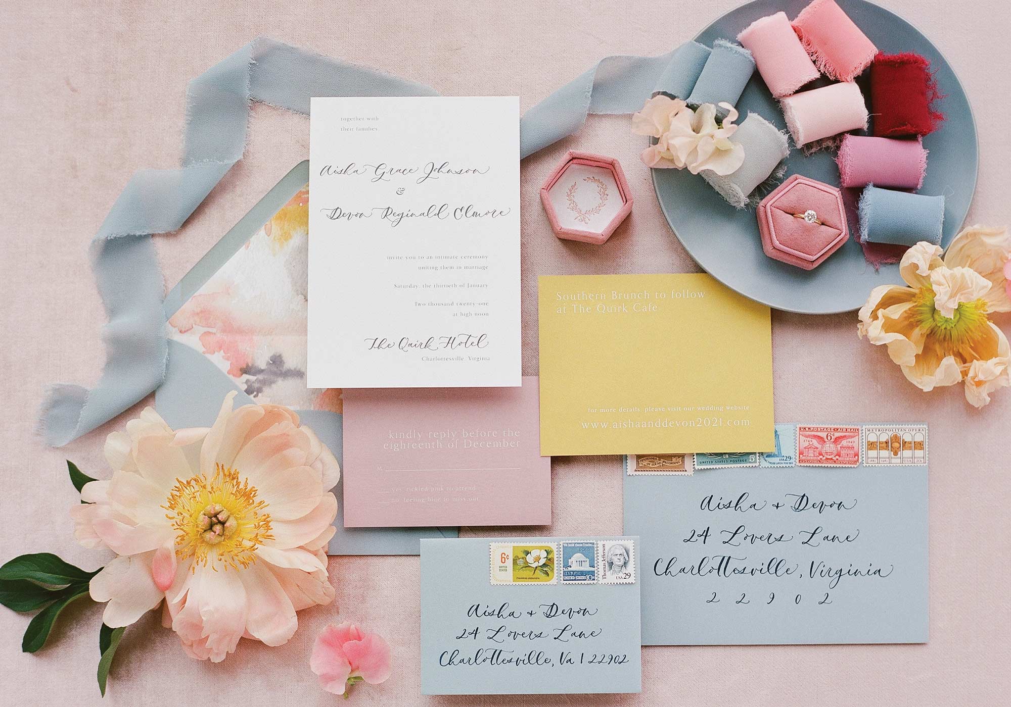 Jen Fariello Photography, Quirk Hotel Charlottesville, Southern Blooms by Pat’s Floral Designs, Just a Little Ditty, Rock Paper Scissors, Jodi Macfarlan Calligraphy