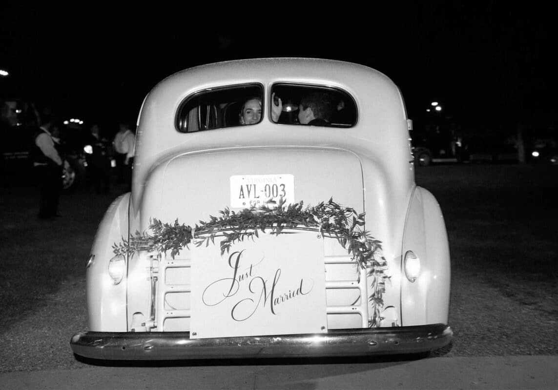 Just married, vintage car