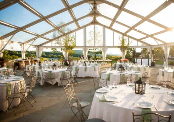 Greenhouse and garden Wedding at Grelen Nursery in Virginia wine country, tables set in green and white