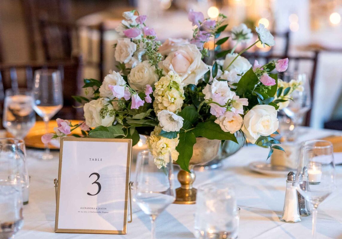 tablescape closeup with pastel flowers and table number
