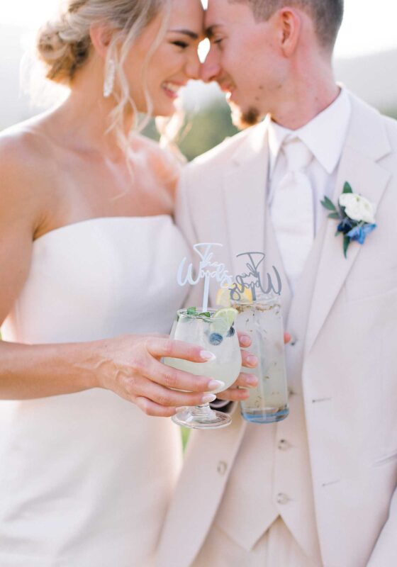 Madison and Jacob had custom cocktails named after their dogs at their blue & white wedding at a Virginia winery.
