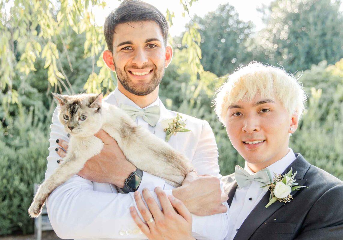 wedding couple with their cat, tabby point siamese