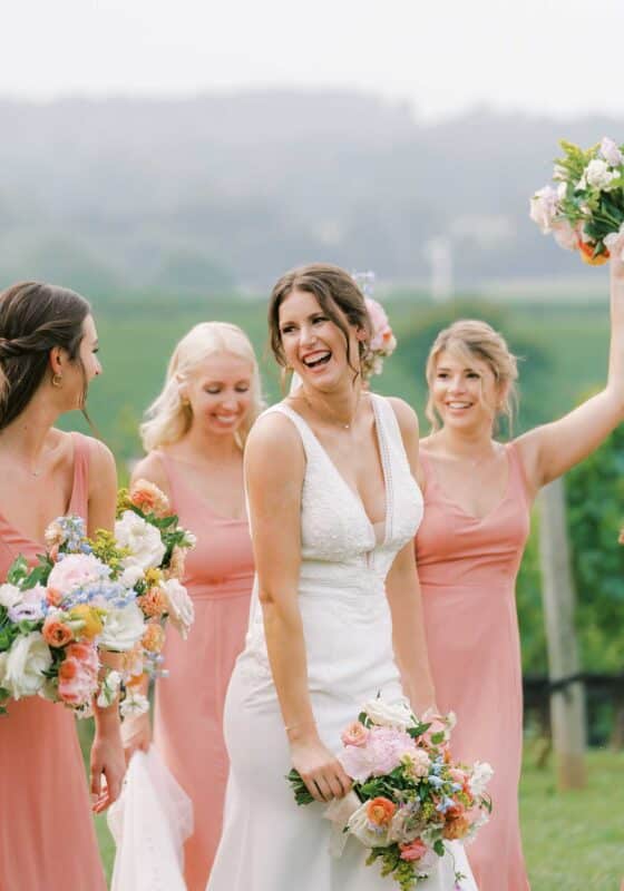 floral wedding at stone tower winery, northern virginia, winery wedding, peach wedding flowers, peach bridesmaid dress
