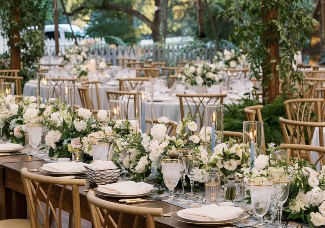 festival rentals, wedding reception table and decor